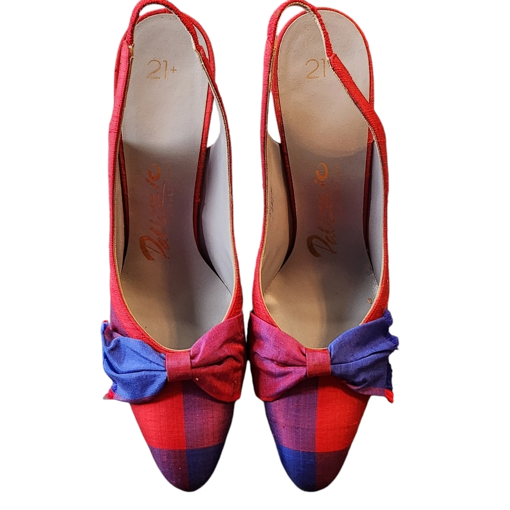 Vintage Palizzio Merlin Blue/Red/Purple Plaid Fabric Slingback Heels Size 8.5AA - Picture 2 of 12